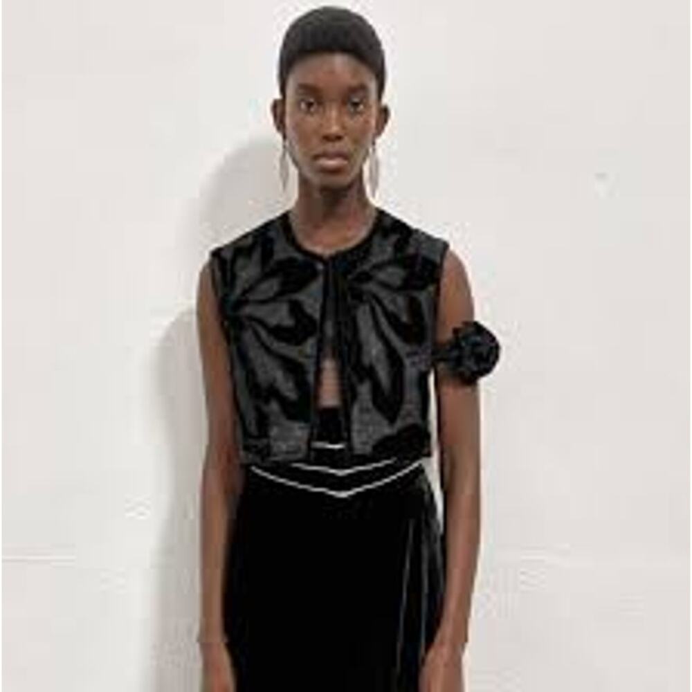 Zara Embroidered Velvet Floral Open Front Waistcoat Vest Black Women's Medium